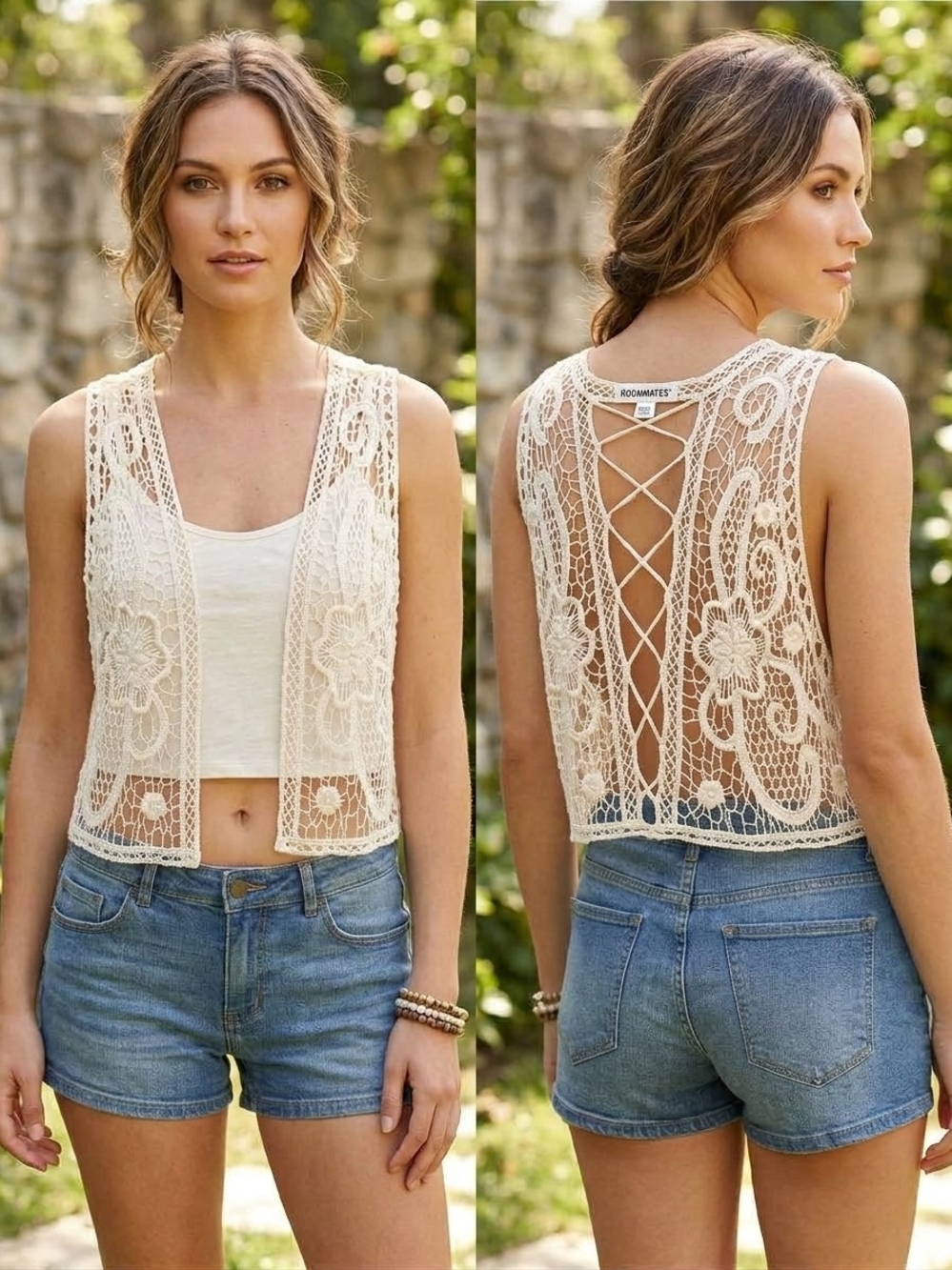 Crochet Lace Open-Back Vest - Cream